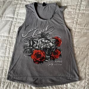 cave creek gray sleeveless graphic tank top roses tiger biker rally sz M grunge